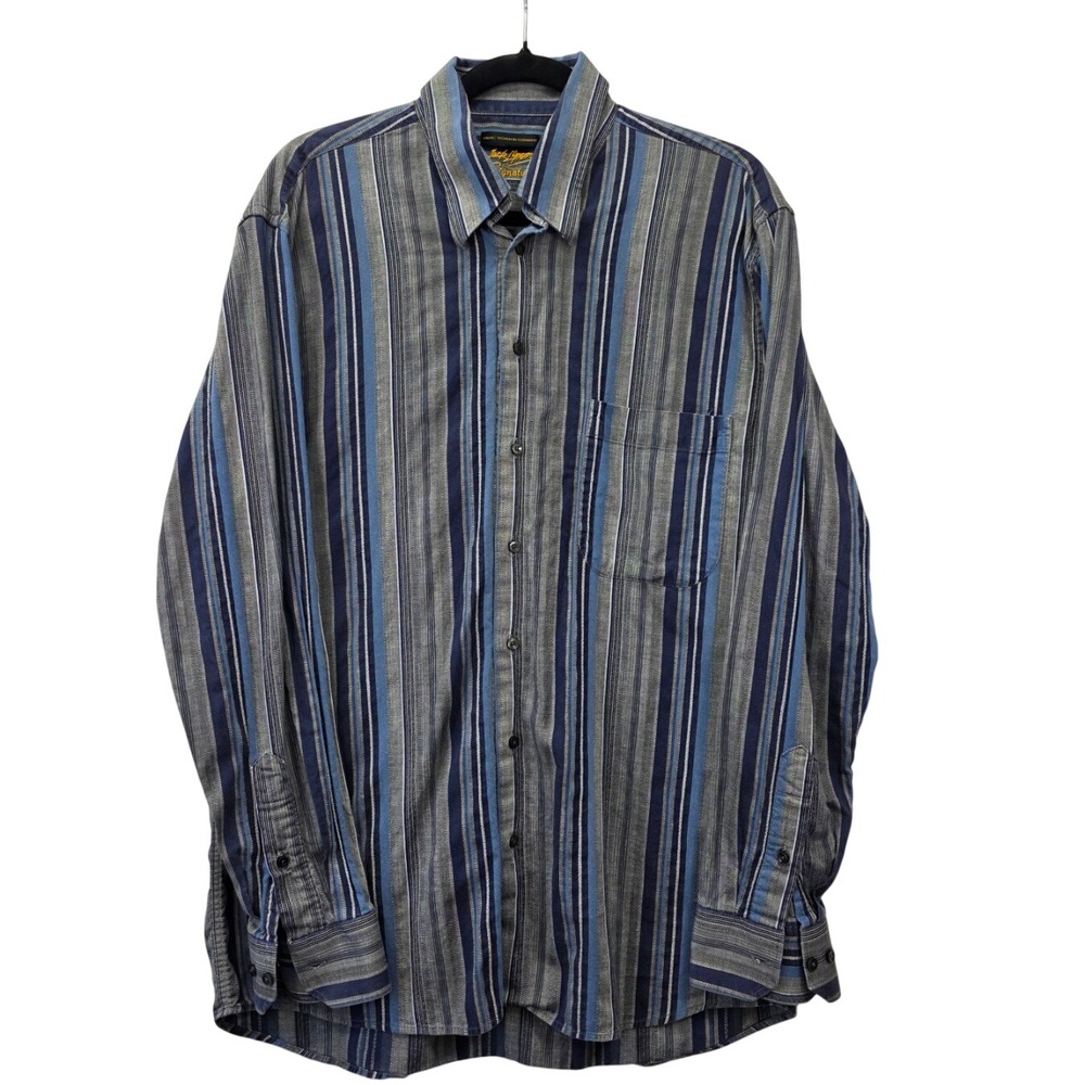 Jack Lipson Signature Mens Blue Grey Striped Cotton Linen Button Down Shirt L